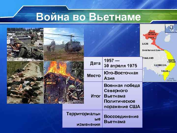 Война во Вьетнаме Дата Место 1957 — 30 апреля 1975 Юго-Восточная Азия Военная победа