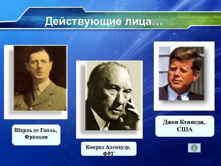 Действующие лица… Джон Кеннеди, США Шарль де Голль, Франция Конрад Аденауэр, ФРГ 