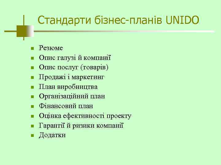 Стандарти бізнес-планів UNIDO n n n n n Резюме Опис галузі й компанії Опис