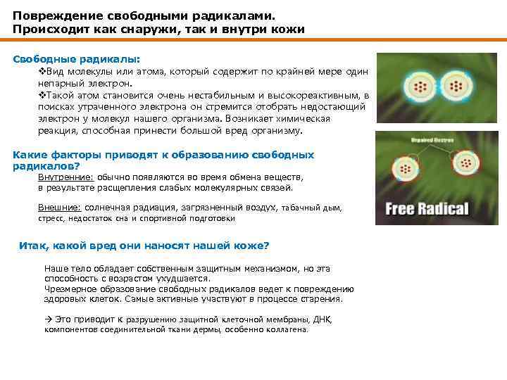 Повреждение свободными радикалами. Происходит как снаружи, так и внутри кожи Свободные радикалы: v. Вид