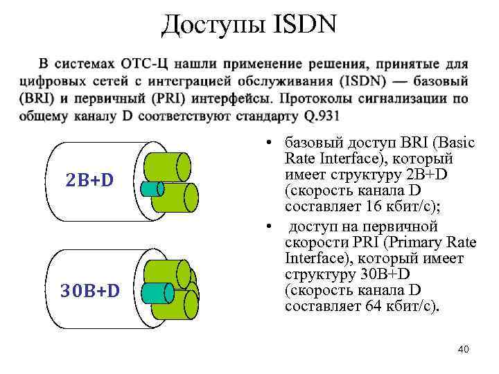 Доступы ISDN 2 B+D 30 B+D • базовый доступ BRI (Basic Rate Interface), который