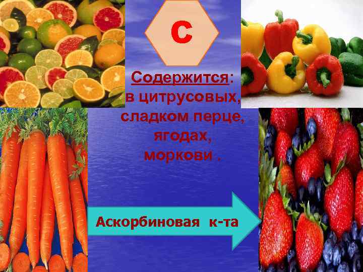 C Содержится: в цитрусовых, сладком перце, ягодах, моркови. Аскорбиновая к-та 