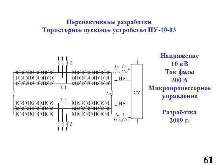 Перспективные разработки Тиристорное пусковое устройство ПУ-10 -03 Напряжение 10 к. В Ток фазы 300