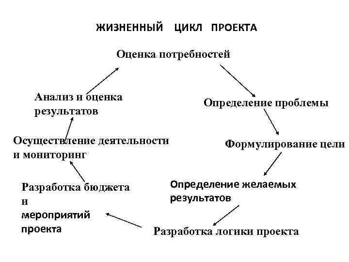 ЖИЗНЕННЫЙ ЦИКЛ ПРОЕКТА Оценка потребностей Анализ и оценка результатов Определение проблемы Осуществление деятельности и