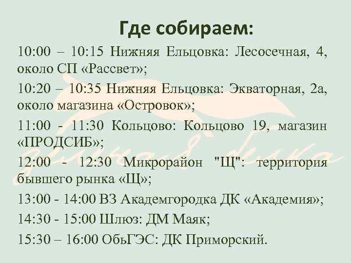 Где собираем: 10: 00 – 10: 15 Нижняя Ельцовка: Лесосечная, 4, около СП «Рассвет»