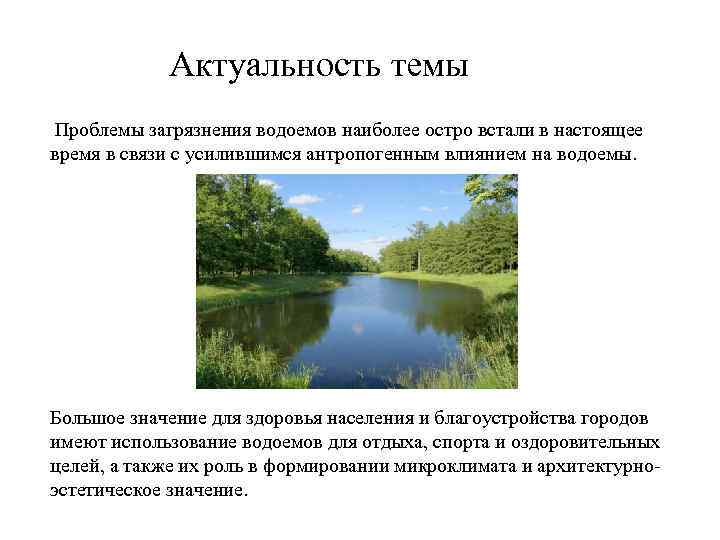 Актуальность темы Проблемы загрязнения водоемов наиболее остро встали в настоящее время в связи с