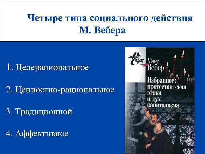 Четыре типа социального действия М. Вебера 1. Целерациональное 2. Ценностно-рациональное 3. Традиционной 4. Аффективное