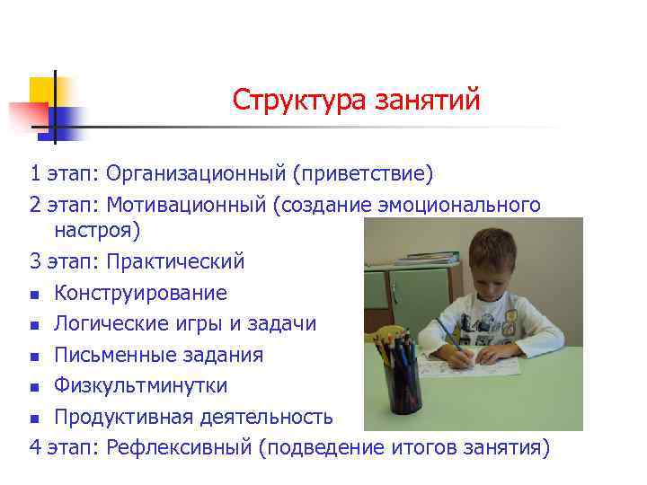Структура занятий 1 этап: Организационный (приветствие) 2 этап: Мотивационный (создание эмоционального настроя) 3 этап: