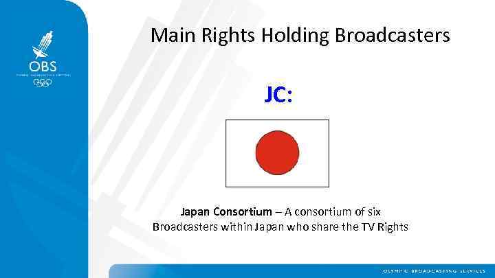 Main Rights Holding Broadcasters JC: Japan Consortium – A consortium of six Broadcasters within