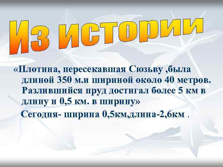 «Плотина, пересекавшая Сюзьву , была длиной 350 м. и шириной около 40 метров.
