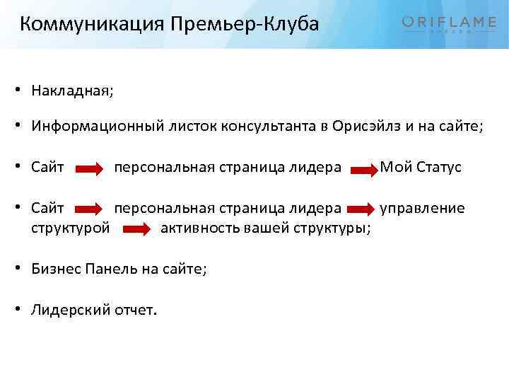 Коммуникация Премьер-Клуба • Накладная; • Информационный листок консультанта в Орисэйлз и на сайте; •