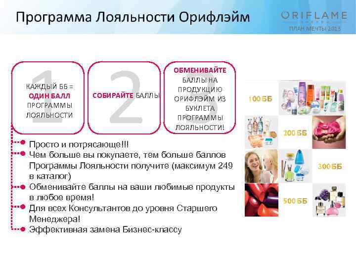 ПЛАН МЕЧТЫ 2013 1 2 3 КАЖДЫЙ ББ = ОДИН БАЛЛ ПРОГРАММЫ ЛОЯЛЬНОСТИ СОБИРАЙТЕ