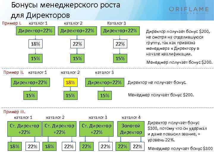Бонусы менеджерского роста для Директоров Пример I. каталог 1 каталог 2 Каталог 3 Директор+22%