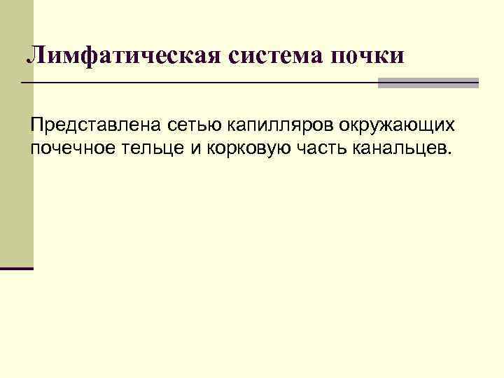 Лимфатическая система почки Представлена сетью капилляров окружающих почечное тельце и корковую часть канальцев. 