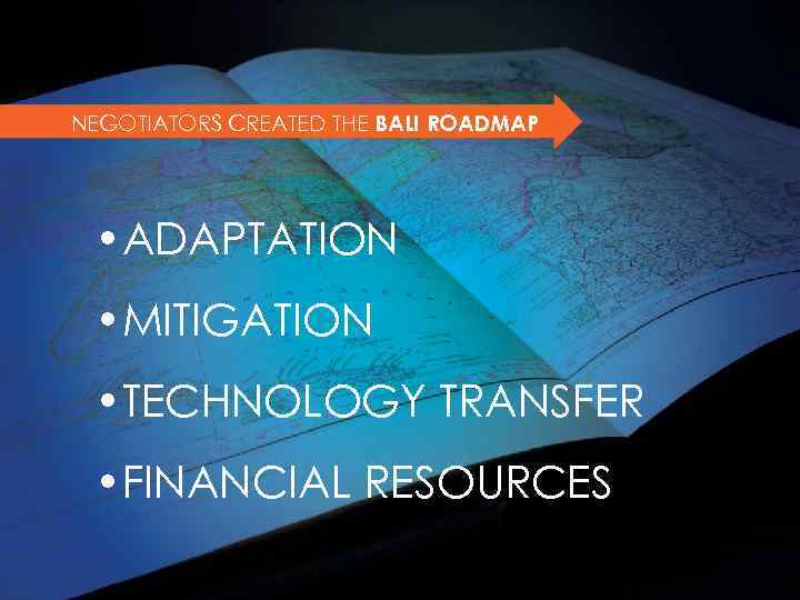 NEGOTIATORS CREATED THE BALI ROADMAP • ADAPTATION • MITIGATION • TECHNOLOGY TRANSFER • FINANCIAL
