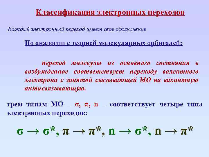 Классификация электронных переходов Каждый электронный переход имеет свое обозначение По аналогии с теорией молекулярных