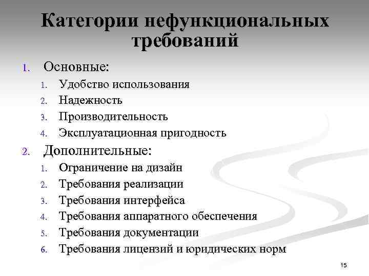 Категории нефункциональных требований 1. Основные: 1. 2. 3. 4. 2. Удобство использования Надежность Производительность
