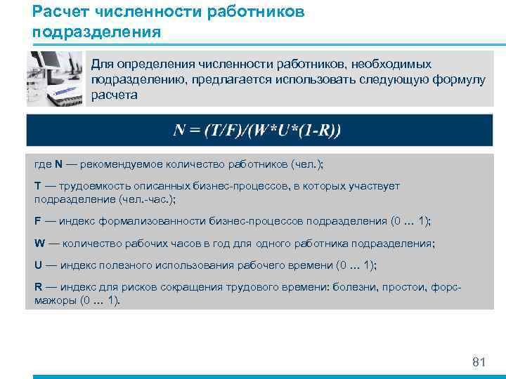 Расчет численности работников подразделения Для определения численности работников, необходимых подразделению, предлагается использовать следующую формулу