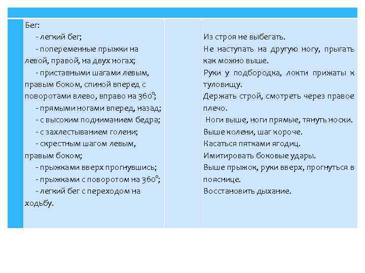 Бег: - легкий бег; - попеременные прыжки на левой, правой, на двух ногах; -