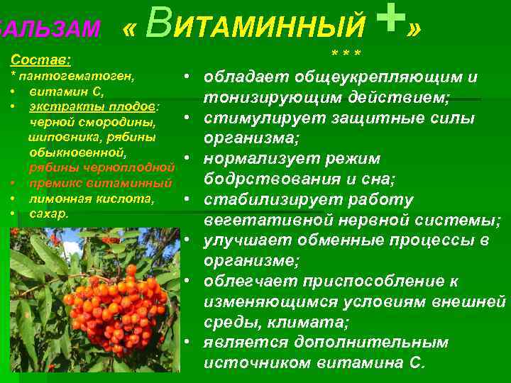 ВИТАМИННЫЙ +» БАЛЬЗАМ « Состав: * пантогематоген, • витамин С, • экстракты плодов: черной
