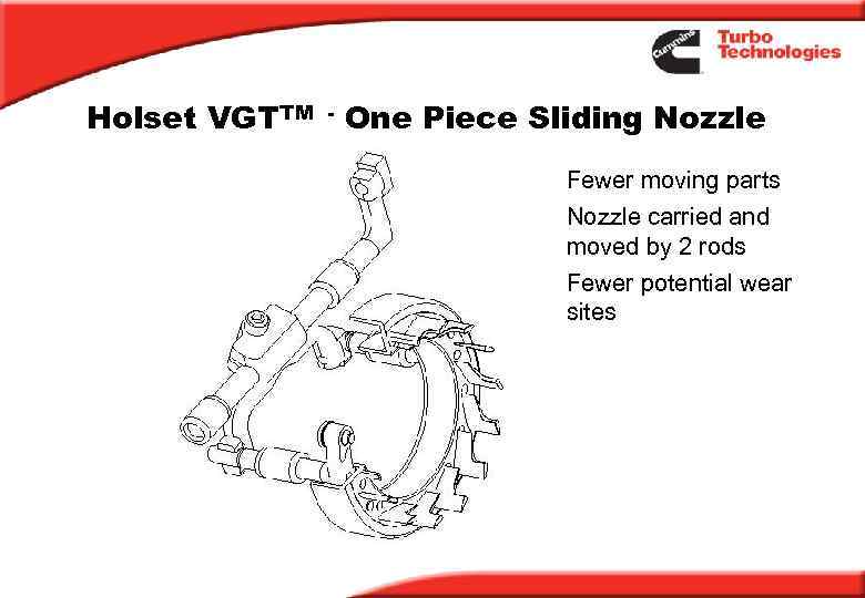 Holset VGTTM - One Piece Sliding Nozzle Fewer moving parts Nozzle carried and moved