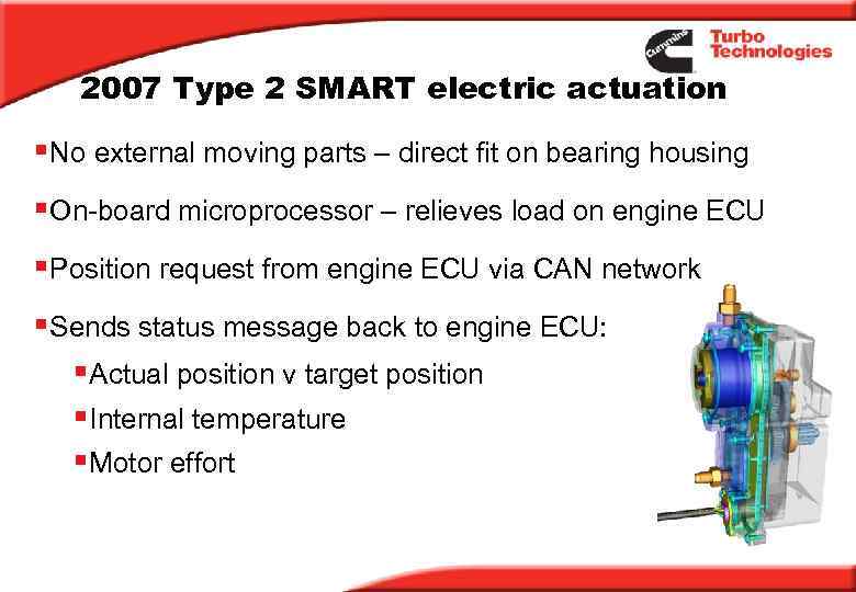 2007 Type 2 SMART electric actuation §No external moving parts – direct fit on