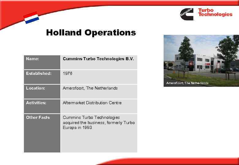 Holland Operations Name: Cummins Turbo Technologies B. V. Established: 1976 Amersfoort, The Netherlands Location: