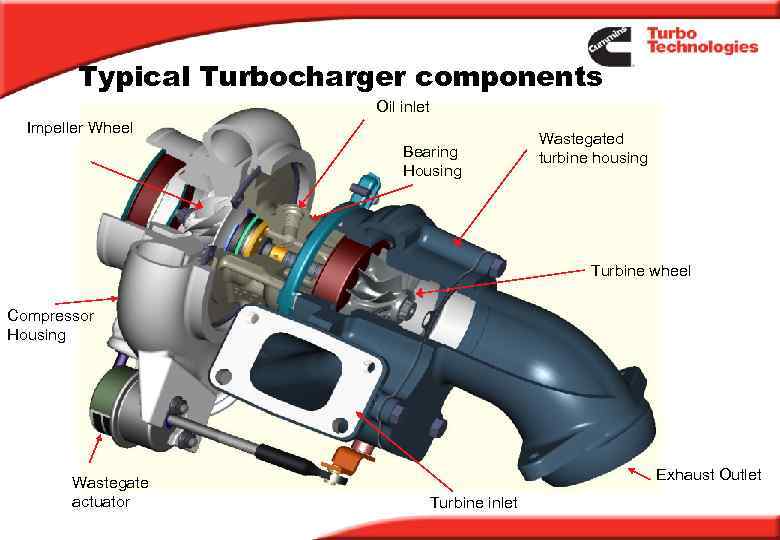Typical Turbocharger components Oil inlet Impeller Wheel Bearing Housing Wastegated turbine housing Turbine wheel