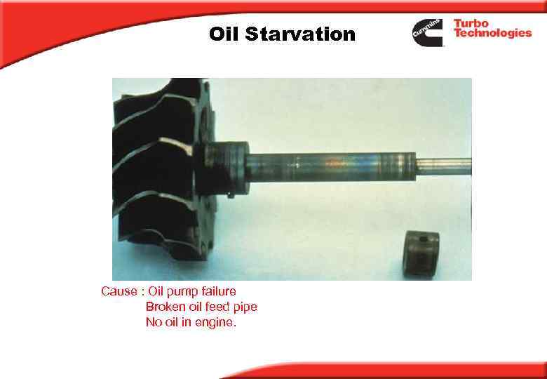 Oil Starvation Cause : Oil pump failure Broken oil feed pipe No oil in