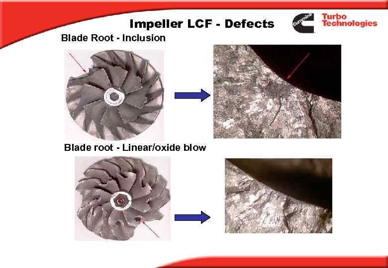 Impeller LCF - Defects Blade Root - Inclusion Blade root - Linear/oxide blow 