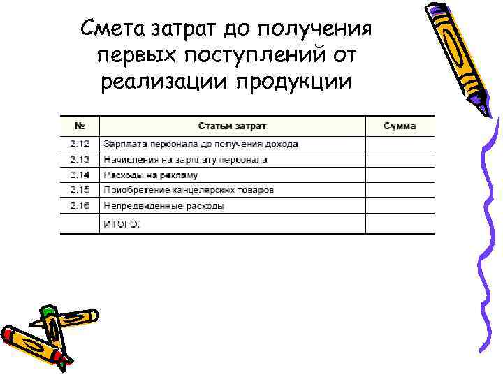 Смета затрат до получения первых поступлений от реализации продукции 