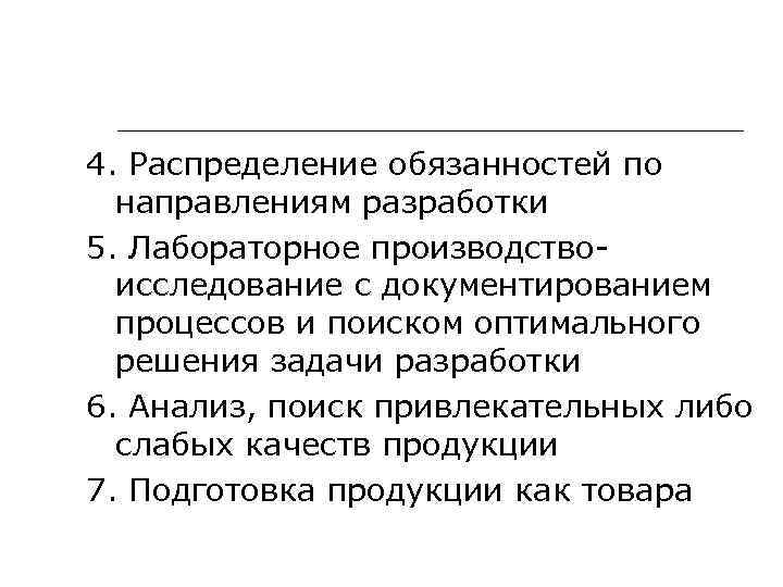 4. Распределение обязанностей по направлениям разработки 5. Лабораторное производствоисследование с документированием процессов и поиском