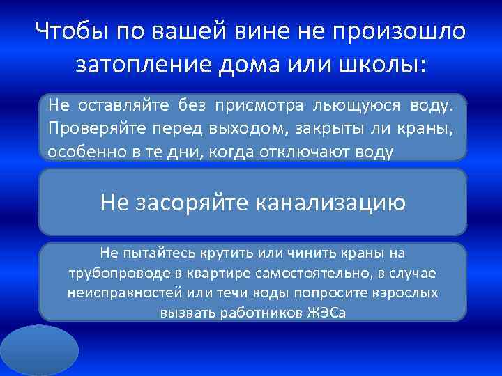 Чтобы по вашей вине не произошло затопление дома или школы: Не оставляйте без присмотра