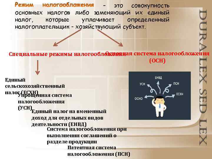 – это совокупность основных налогов либо заменяющий их единый налог, которые уплачивает определенный налогоплательщик