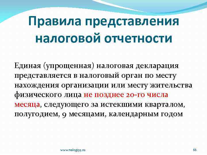 Правила представления налоговой отчетности Единая (упрощенная) налоговая декларация представляется в налоговый орган по месту