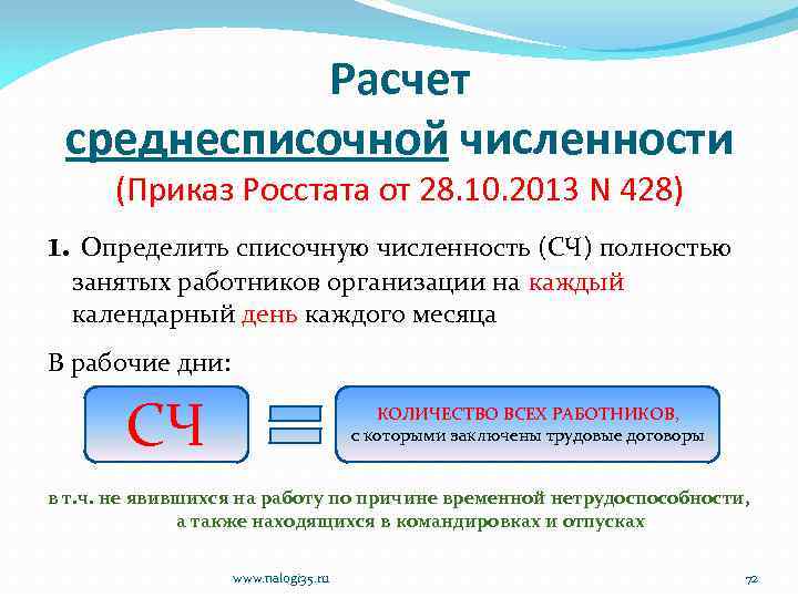 Расчет среднесписочной численности (Приказ Росстата от 28. 10. 2013 N 428) 1. Определить списочную