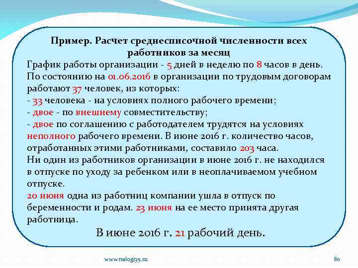 Пример. Расчет среднесписочной численности всех работников за месяц График работы организации - 5 дней