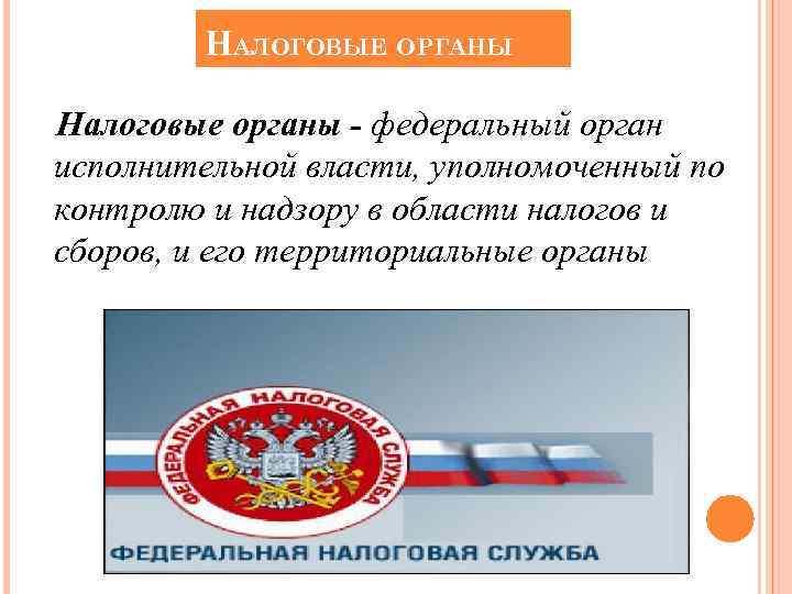 НАЛОГОВЫЕ ОРГАНЫ Налоговые органы - федеральный орган исполнительной власти, уполномоченный по контролю и надзору