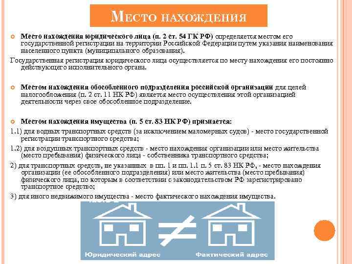  МЕСТО НАХОЖДЕНИЯ Место нахождения юридического лица (п. 2 ст. 54 ГК РФ) определяется