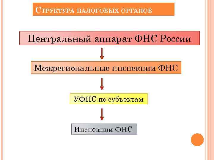 СТРУКТУРА НАЛОГОВЫХ ОРГАНОВ Центральный аппарат ФНС России Межрегиональные инспекции ФНС УФНС по субъектам Инспекции