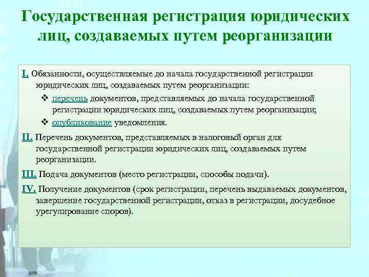 Условия государственной регистрации юридических лиц. Государственная регистрация юридических лиц. Срок регистрации юридического лица. Реорганизация юридического лица.