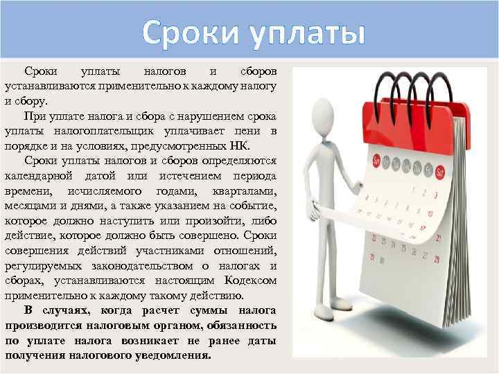 Сроки уплаты налогов и сборов устанавливаются применительно к каждому налогу и сбору. При уплате