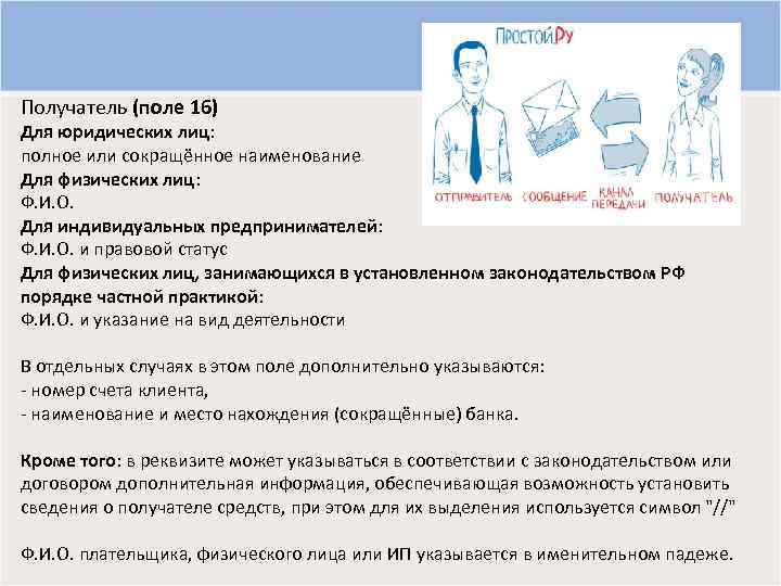 Получатель (поле 16) Для юридических лиц: полное или сокращённое наименование Для физических лиц: Ф.