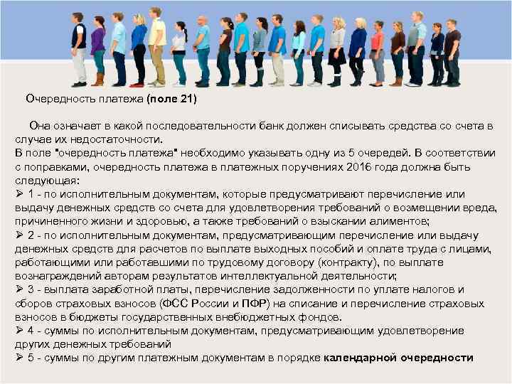 Очередность платежа (поле 21) Она означает в какой последовательности банк должен списывать средства со