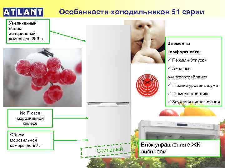 Особенности холодильников 51 серии Увеличенный объем холодильной камеры до 256 л. Элементы комфортности: ü