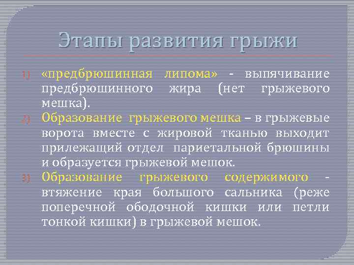 Этапы развития грыжи 1) 2) 3) «предбрюшинная липома» - выпячивание предбрюшинного жира (нет грыжевого