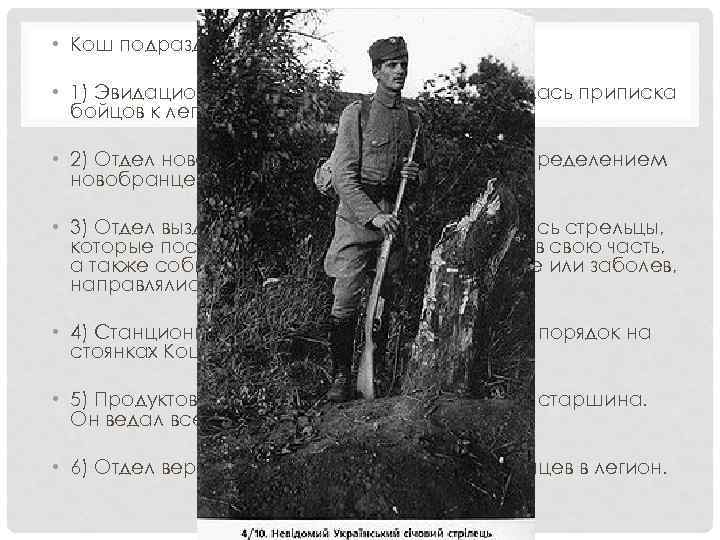  • Кош подразделялся на несколько отделов: • 1) Эвидационная канцелярия. Здесь проводилась приписка