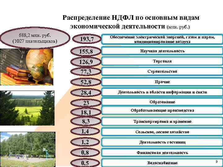 Распределение НДФЛ по основным видам экономической деятельности (млн. руб. ) 688, 2 млн. руб.