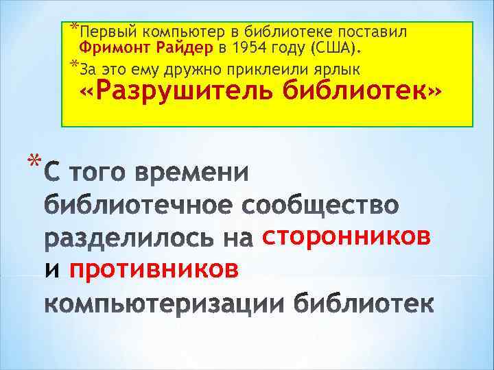 *Первый компьютер в библиотеке поставил Фримонт Райдер в 1954 году (США). *За это ему