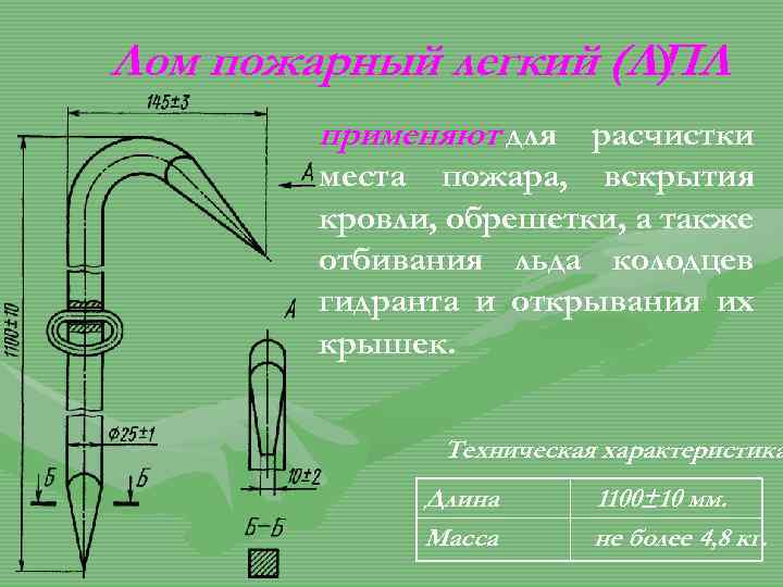 Лом пожарный легкий (ЛПЛ ) применяют для расчистки места пожара, вскрытия кровли, обрешетки, а